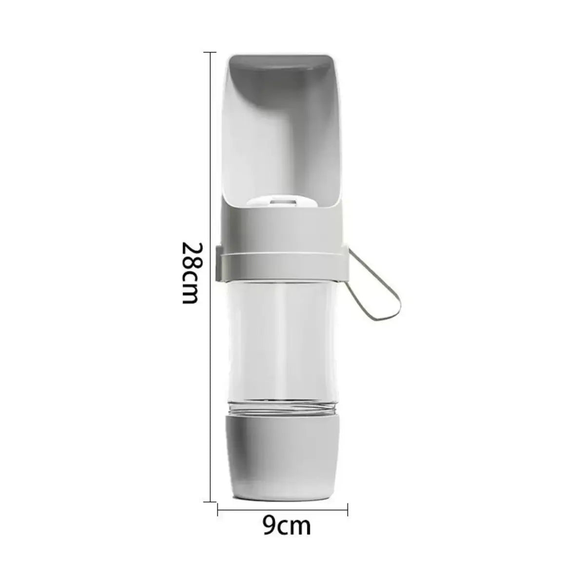 Portable Pet Water Bottle in white plastic with gray ends, a built-in drinking tray, and wrist strap; 28 cm tall.