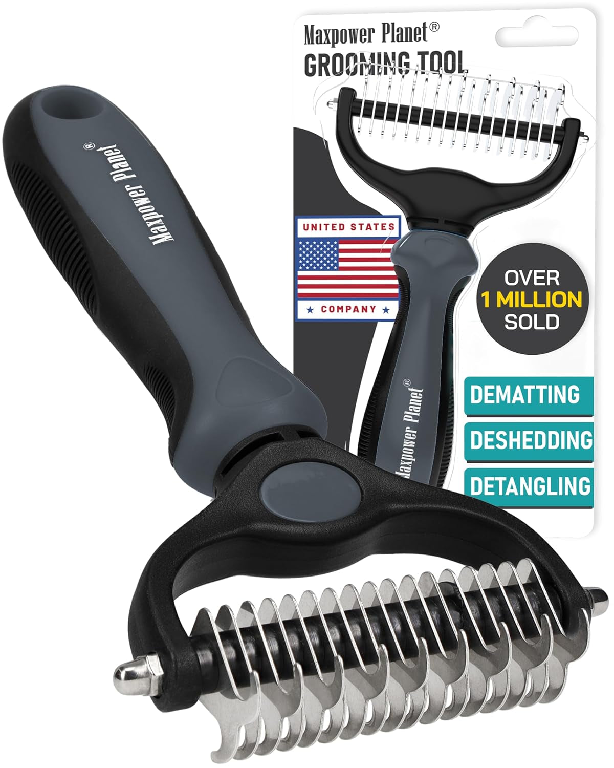 Pet Grooming Brush - Double Sided Undercoat Rake for Dogs and Cats, Extra Wide, Reduce Shedding by 95%, Grey
