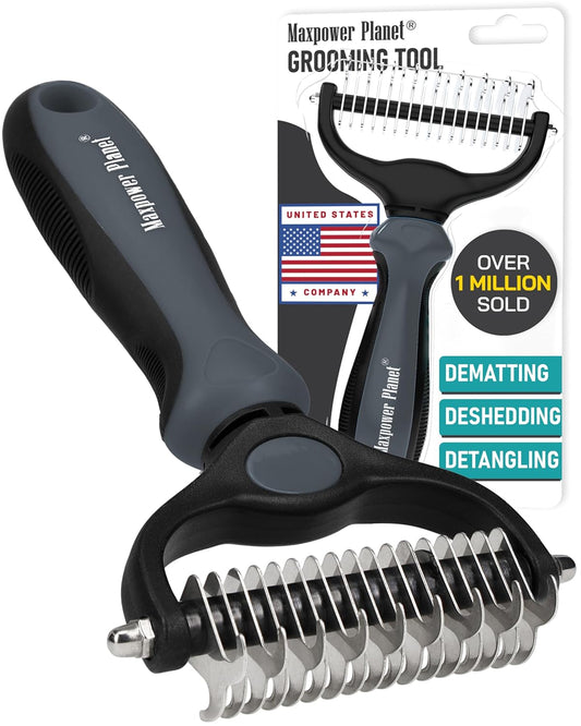 Pet Grooming Brush - Double Sided Undercoat Rake for Dogs and Cats, Extra Wide, Reduce Shedding by 95%, Grey