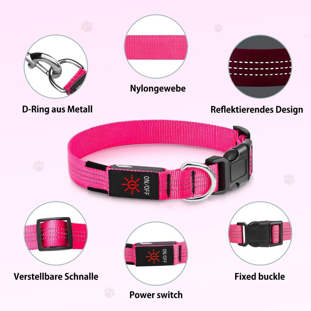 LED Dog Collar, Rechargeable Light up Dog Collars Glow in the Dark, Reflective Safety Collar Light for Dogs Walking at Night (Pink, S)