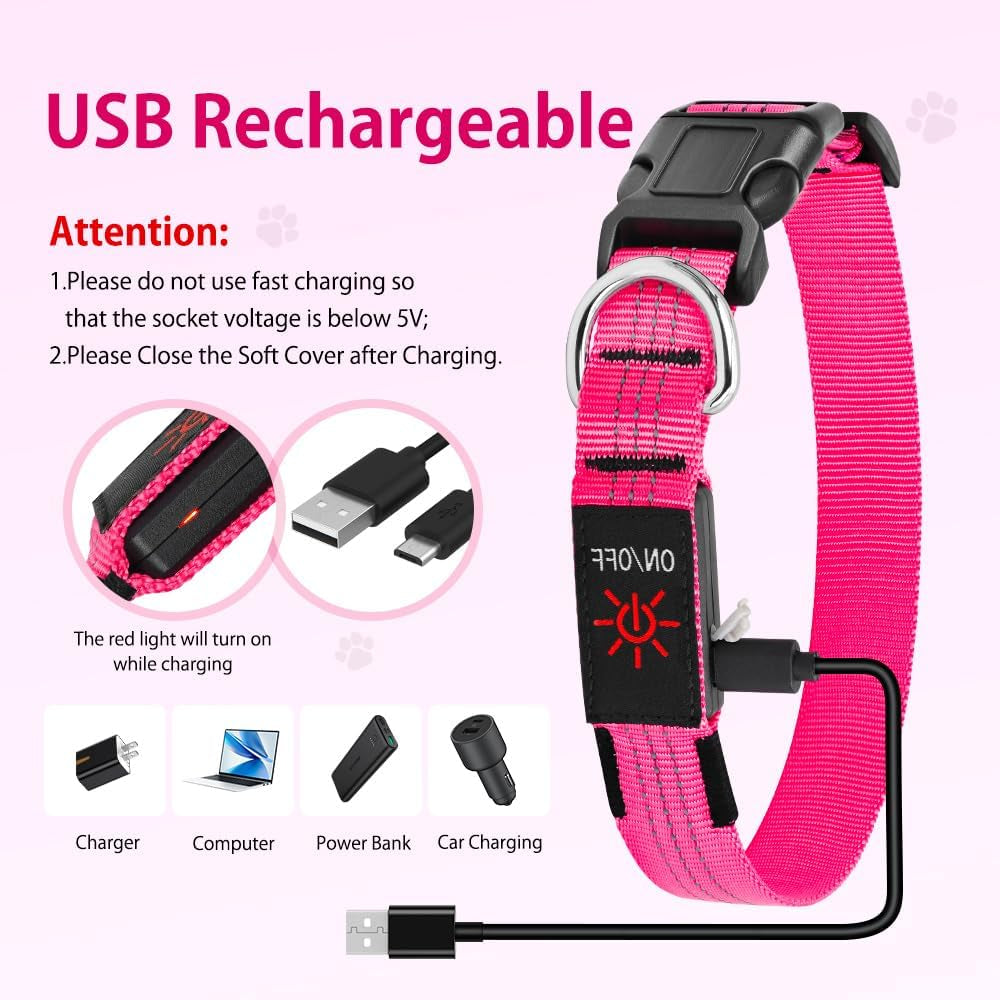LED Dog Collar, Rechargeable Light up Dog Collars Glow in the Dark, Reflective Safety Collar Light for Dogs Walking at Night (Pink, S)