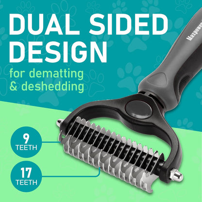 Pet Grooming Brush - Double Sided Undercoat Rake for Dogs and Cats, Extra Wide, Reduce Shedding by 95%, Grey