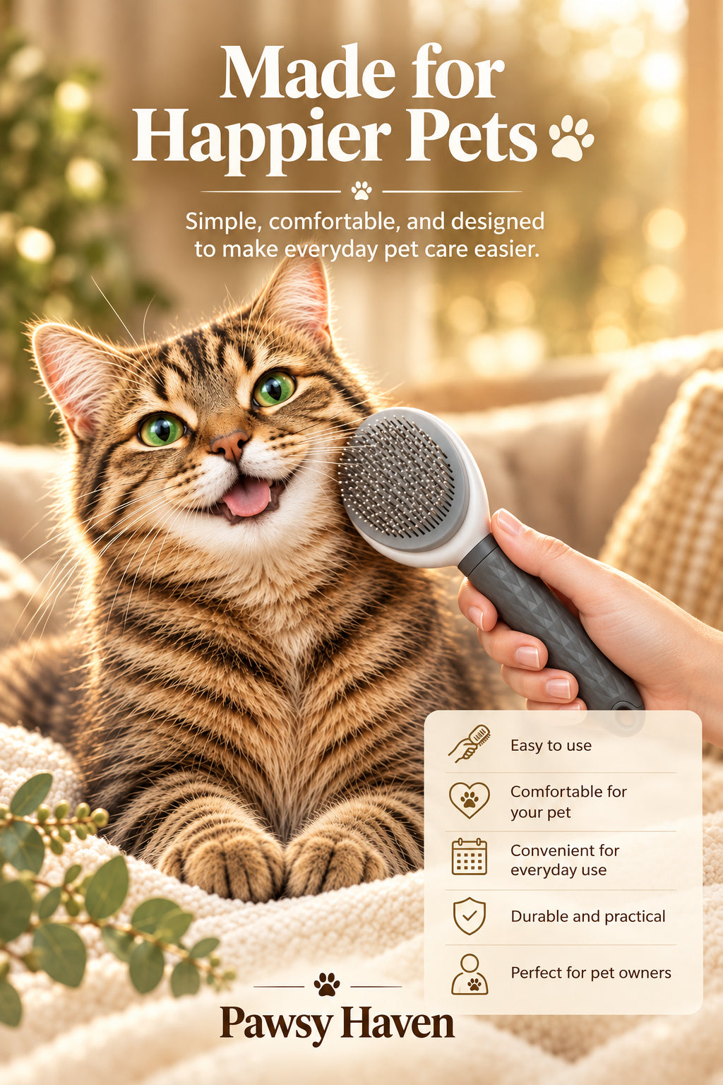 A tabby cat lies on a cream blanket while a hand holds a gray pet grooming brush near its face. The image includes marketing text reading 'HEALTHIER FUR HAPPIER PETS' with callouts about reducing shedding, promoting healthy skin, and keeping fur soft and shiny, plus an 'OFFER' badge and 'Pawsy Haven' at the bottom.
