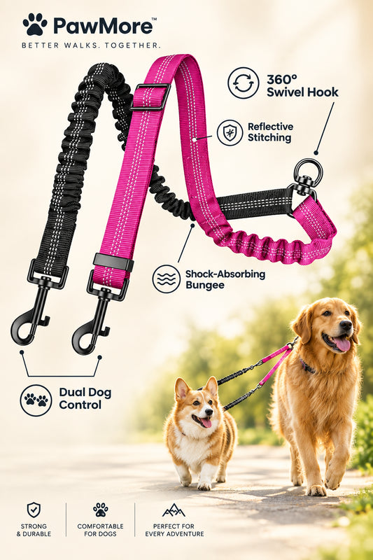 1.6ft Long Dual Dog Leash Attachment - Double Leashes for Training Small to Large Dogs - Adjustable Strap Shock Absorbing Bungee