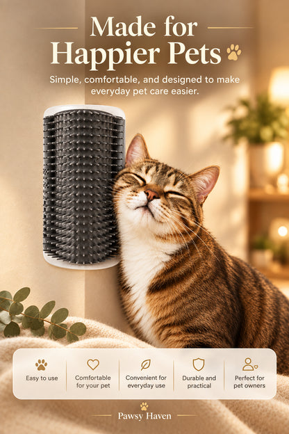 Cat lying on a wooden floor next to a cylindrical pet product against a light gray wall.