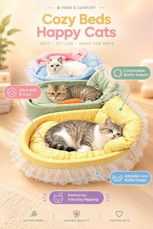 Lit princesse pour chat en dentelle mignonne, lavable et déhoussable, en peluche douce ovale pour petits chiens/chats, pour toutes les saisons