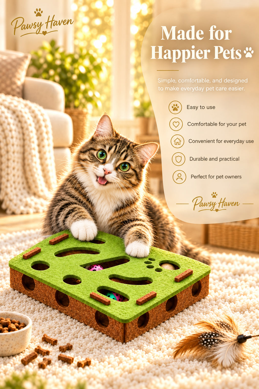 Two cats playing with a green and brown playful cat toy box on a striped rug. The text at the top reads 'Playful Cat Toy Box' and 'Cats Super Love'.