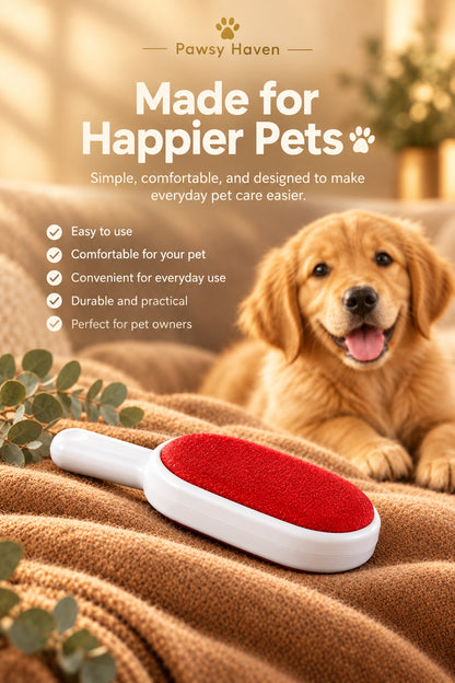 A close-up of a person using a red and white pet grooming brush on their dog's brown fur, with visible lint being brushed away.
