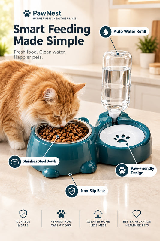 Automatic Pet Feeder and Water Dispenser, Integrated Feeding System for Cats and Dogs,No Battery or Power Needed, Slanted Mouth